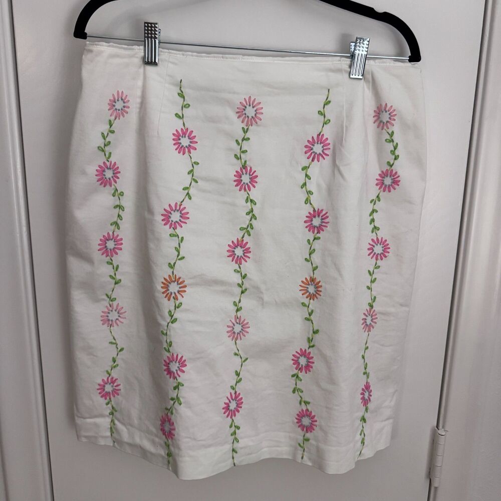 Womens Talbots Size 16 Floral Embroidered Skirt Cotton/Spandex White/Pink/Green